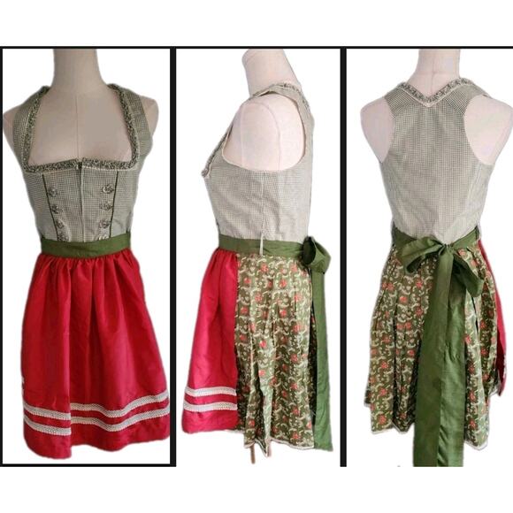 Auth Steindl Trachten Sz 34 Dirndl Dress Oktoberfest Green Plaid 2pc Set & Apron - Picture 1 of 15